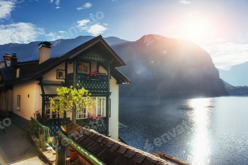 Preview: View from height on Hallstatt town between the mountains. Austria