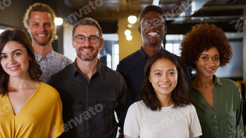 Vista previa: Retrato de un sonriente equipo de negocios multicultural juntos en una moderna oficina de planta abierta