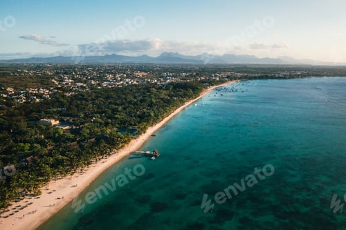 Preview: On the beautiful beach of the island of Mauritius along the coast. Shooting from a bird's eye