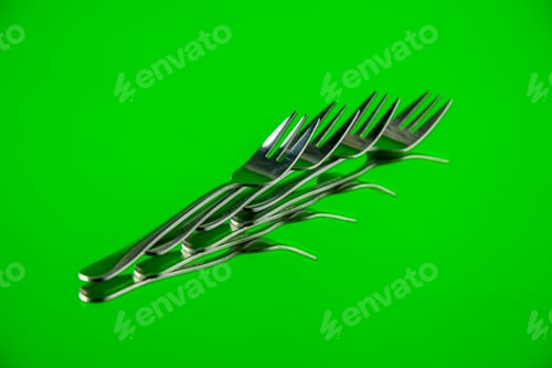 Preview: front view metal forks lined on green background cutlery kitchen food color photo table dinner