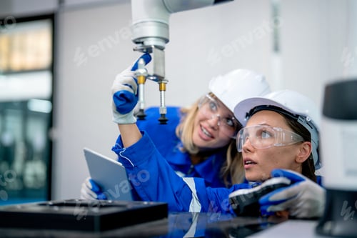 Preview: Close up two professional technician or engineer women sit and help to check the system use control