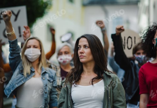 Preview: Group of people activists protesting on streets, demonstration and coronavirus concept.