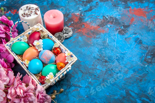 Preview: above view colored easter eggs inside cute box on blue background easter colourful spring concept
