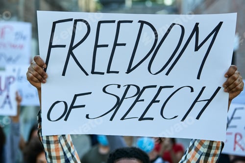 Preview: Close-up of protester holding freedom of speech banner on public demonstrations.