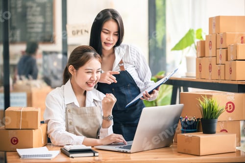 Preview: Small start-up business owners checking parcels at work, freelancers, salespeople, checking producti