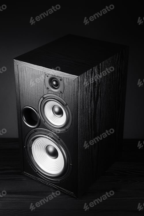 Preview: Photo of black music audio speaker. Music concept.