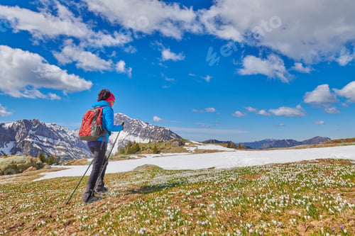 Preview: A woman walks in a mountain meadow