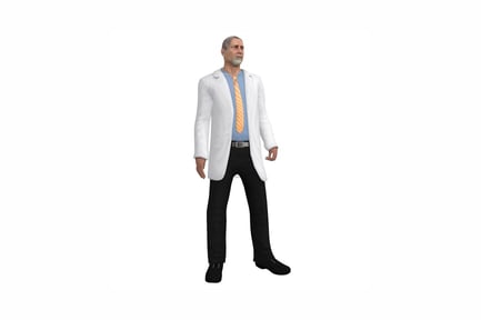 Man in lab coat with hands in pockets