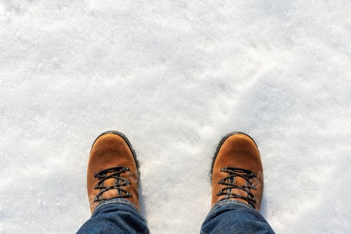 Preview: Closeup top above view of male legs in jeans and brown leather warm boots isolated on white icy snow