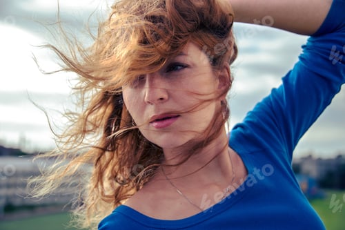 Preview: ↟ Beautiful, stunning red-haired girl in blue clothes