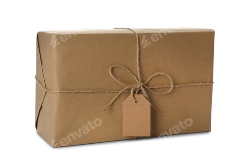 Preview: Parcel wrapped in kraft paper with empty label on white background