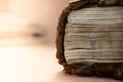 Preview: Close-up of an old, frayed book's spine and pages, showing its weathered texture and age.