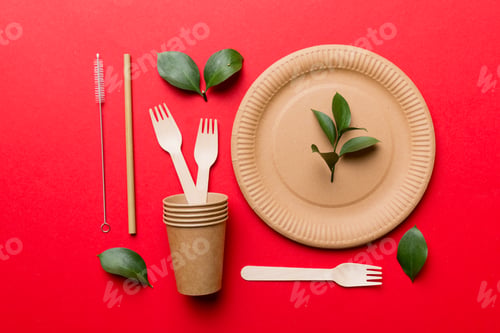 Preview: set of empty reusable disposable eco-friendly plates, cups, utensils