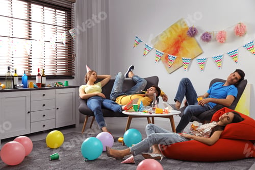 Preview: Group of friends sleeping in messy room after party