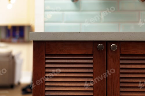 Preview: Modern bathroom interior details with wooden furniture and mint tile walls