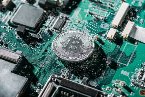 Preview: close up view of silver bitcoin on computer motherboard