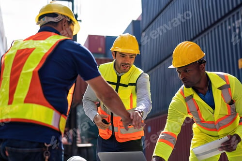 Preview: 3 engineer working in container storage yard looking laptop location layout prepare to delivery