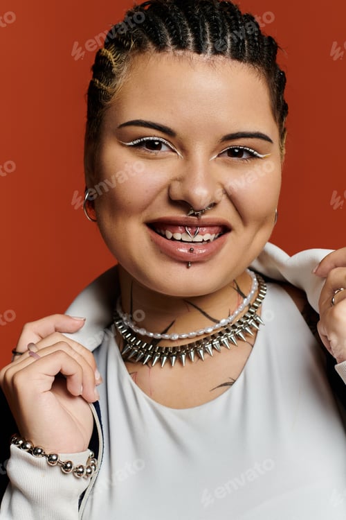 Preview: Stylish young woman with unique accessories posing confidently against vibrant background