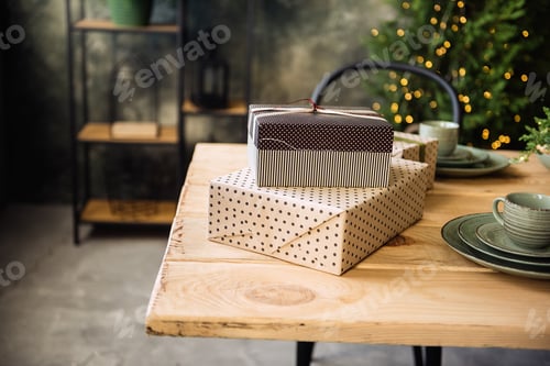 Preview: On a wooden eco table are boxes of gifts in a beautiful package with a bow. Christmas trees, thuja