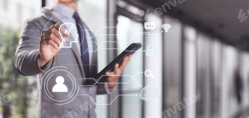 Preview: Businessman interacting with artificial intelligence. Automation and optimization technology.