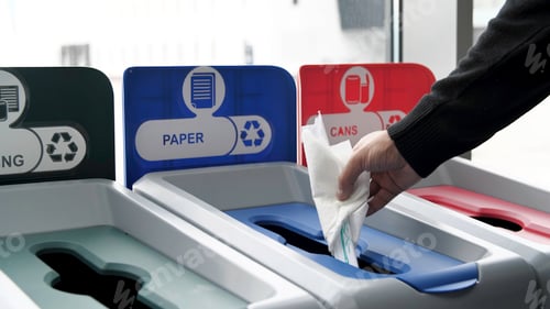 Preview: Close up of trash bins of different color for recycling different materials. Media. Male hand