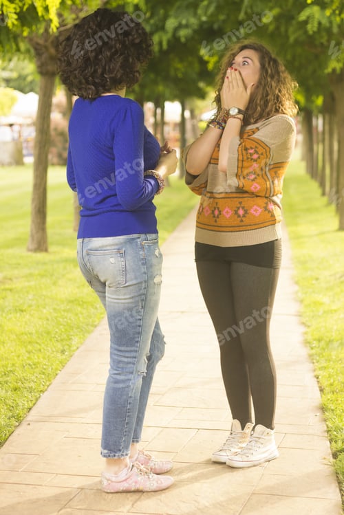Preview: Women Talking To Another, Shocking Expression, In Park On A Pavement.