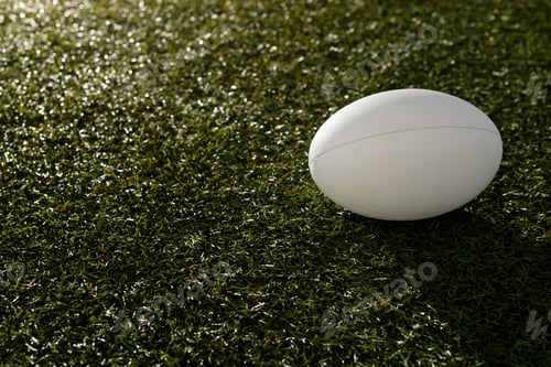 Preview: White rugby ball over grass with copy space, in slow motion