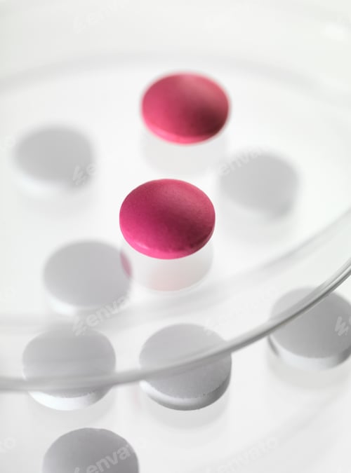 Preview: Close up of white and red pills in petri dishes