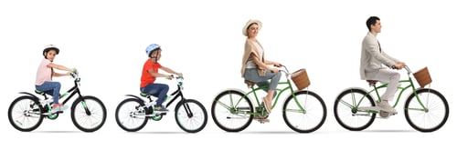 Preview: People riding bicycles on white background. Collection of photos