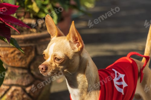 Preview: Adorable chihuahua wearing a red sweater stands on the sidewalk