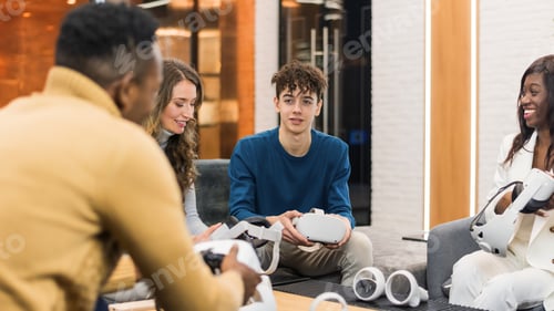 Preview: Business conference in VR in an office. Multiracial group of people