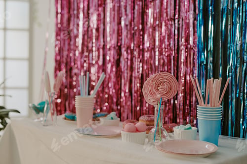 Preview: Colorful Candy and Dessert Table Displaying Sweets at Baby Shower Celebration