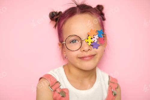 Preview: The girl decorated her glasses with pieces of multicolored puzzles
