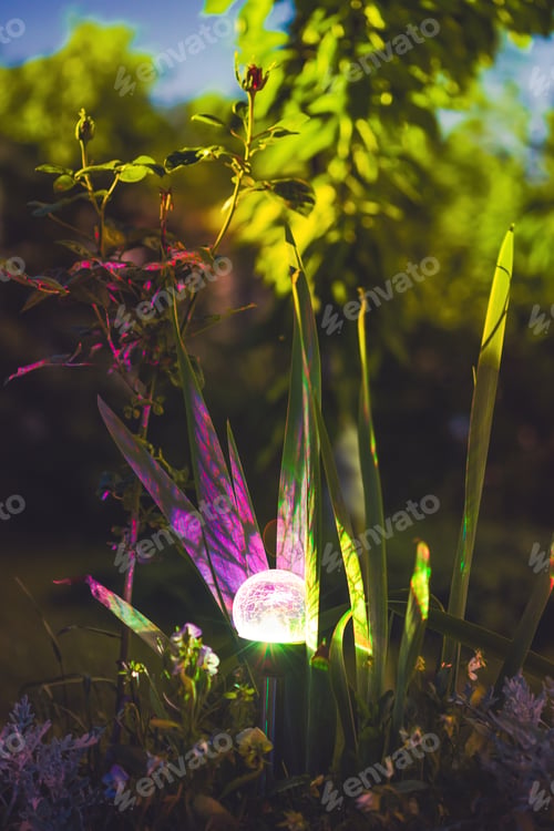 Preview: Night View Of Flowerbed Illuminated By Energy-Saving Solar Powered Colorful Multi-colored Lantern On