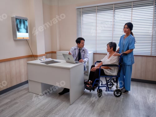 Preview: At hospital room patient sit on wheel chair looking x-ray film and listen doctor explanation