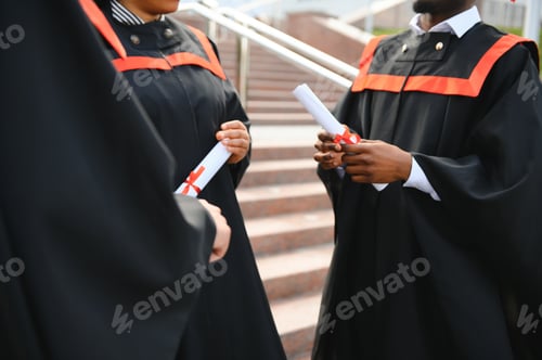 Preview: Close up people graduating with diplomas