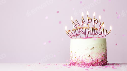 Preview: Birthday cake with birthday candles spelling happy birthday