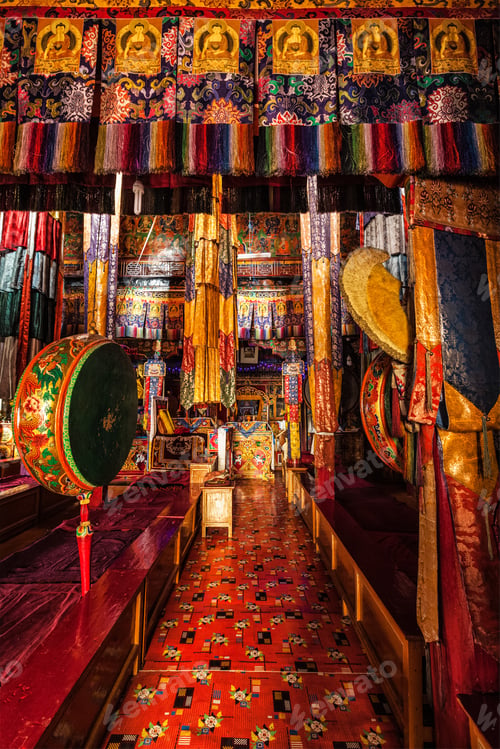 Preview: Inside Spituk Gompa Tibetan Buddhist monastery. Ladakh, India