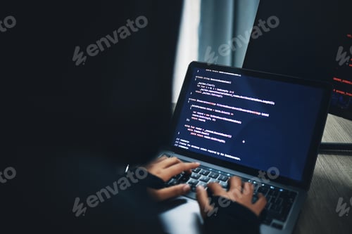 Preview: Person, hands and hacker on laptop at night in cybersecurity, coding malware or software at home. H