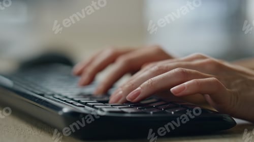 Preview: Manager hands typing desktop keyboard closeup. Journalist woman writing article.