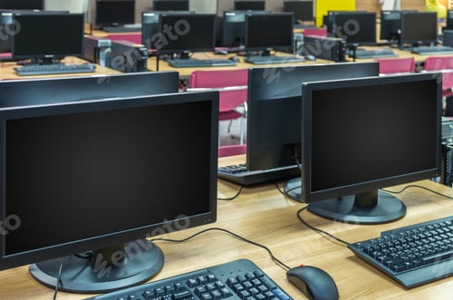 Preview: Many rows of computer in Computer Lab, focus on first LCD monitor