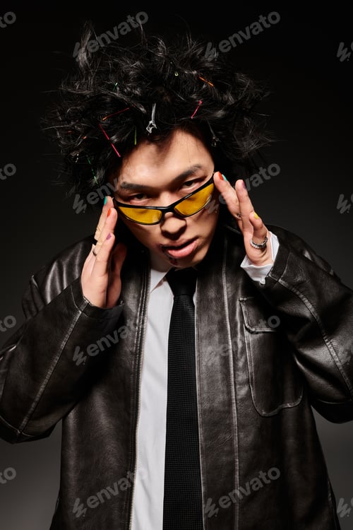 Preview: Stylish Asian man showcases bold spring fashion in dynamic studio setting