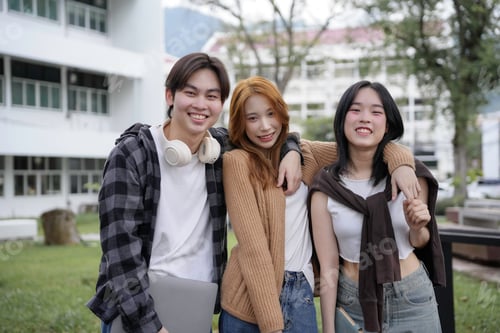 Preview: Three young people smiling and having fun together on a university campus
