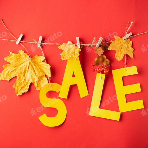 Preview: Autumn discount letters from yellow paper and dry leaves hang on clothespins on a red background
