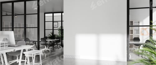 Preview: Realistic 3D illustration of modern office with glass partitions, and natural sunlight