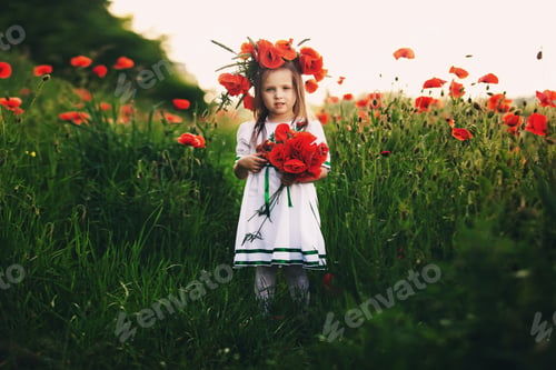 Preview: beautiful little girl with a wreath of poppies in a white dress and a bouquet of wildflowers. cute
