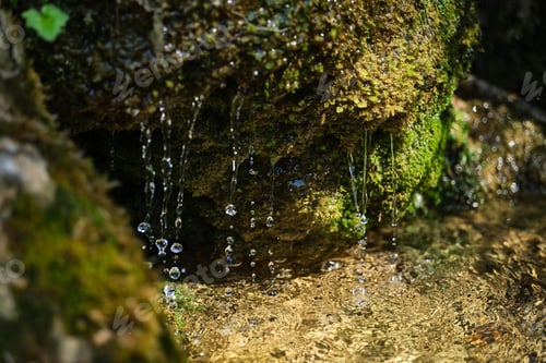 Preview: jets of water falling on rock full of green moss with movement of drops frozen in the image