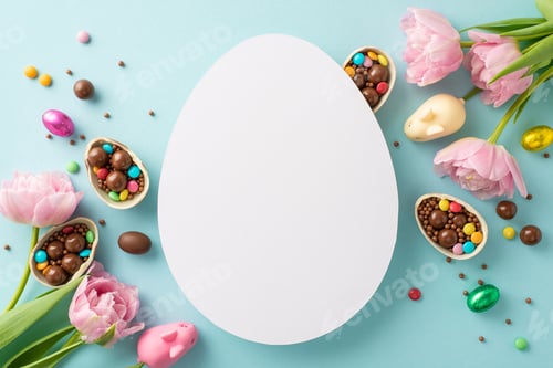 Preview: Chic modern Easter sweet collection concept. Top view of cracked chocolate eggs filled