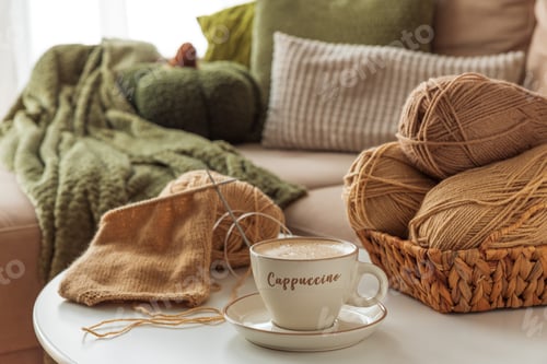 Preview: Cozy Living Room with Yarn, Pumpkins, Pillows and Cup of Cappuccino on White Table