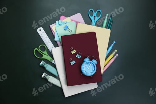 Visualização: Feliz dia do professor. Papelaria diferente sobre fundo verde, camada plana